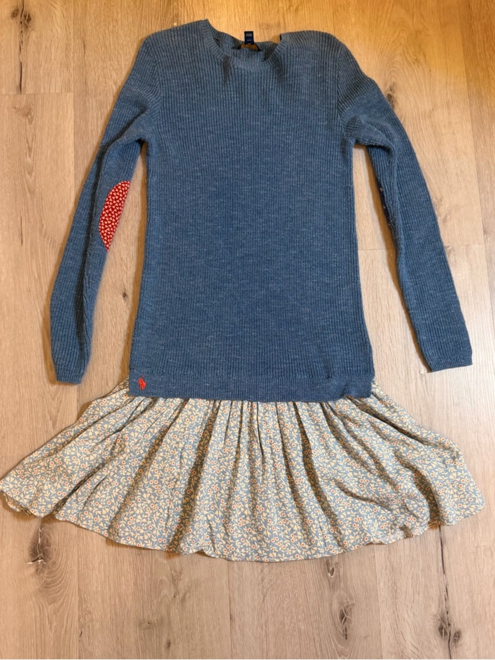 Polo Ralph Lauren Girls Blue Ribbed Knit & Floral Drop-Waist Dress - Size Large